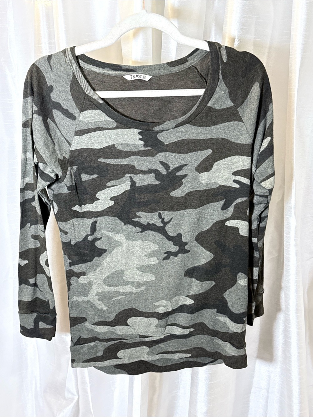 TNA Gray Camo Scoop Neck Long Sleeve Top